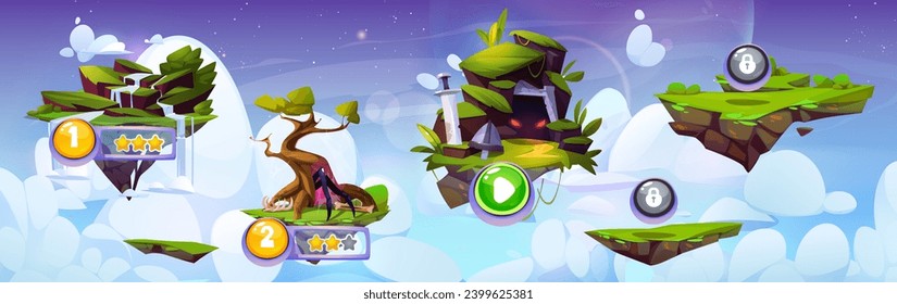 Game ui level map with floating islands with river and waterfall, green grass and trees and mystical creatures. Cartoon vector illustration of gaming route stages - closed and open with stars score.