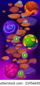 Game Ui Level Map With Space Planets, Rocks, Path And Numbers. Cartoon 2d Fantasy Galaxy, Universe Travel Adventure Platform, Environment Graphics For Pc Or Mobile Arcade, Menu Interface Design