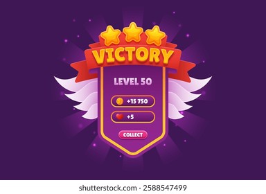 Game UI Level Win Popup: Victory Badge with Trophy Design. Tournament or Competition Interface Featuring Gold Coins on a Vibrant Purple Background.