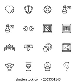 Game ui line icons set, outline vector symbol collection, video gaming linear style pictogram pack. Signs, logo illustration. Set includes icons as life heart, health drink bottle, treasure chest