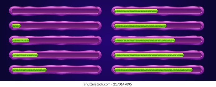 Game ui loading progress bars vector set, cartoon interface gui design elements. Status and resources scales of power with green toxic liquid and air bubbles in purple stripe, isolated 2d illustration