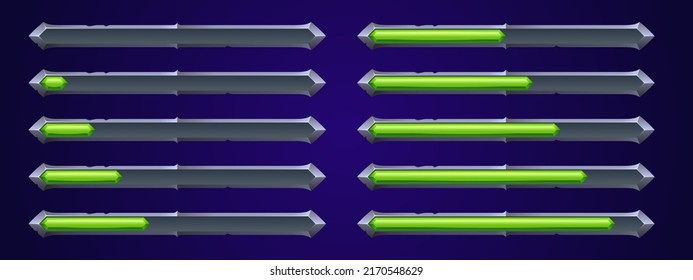 Juego ui cargando barras de progreso conjunto de vectores, elementos de diseño gui de interfaz de dibujos animados. Escalas de estado y recursos de potencia con líquido tóxico verde en banda de metal plateado, ilustración aislada de 2d