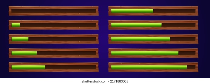Game ui loading progress bars vector set, cartoon interface gui design elements. Status and resources scales of power with green toxic liquid in wooden stripe, isolated 2d illustration
