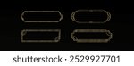 Game ui long button with thin gold frame. Rectangular medieval border with golden metal ornament for title and menu design. 3d vector set of luxury vintage text sign board with art deco elements.