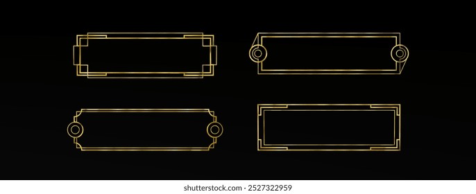 Botão longo da interface do usuário do jogo com moldura dourada fina. Borda medieval retangular com ornamento de metal dourado para design de título e menu. vetor 3d conjunto de luxo vintage texto placa com elementos art deco.