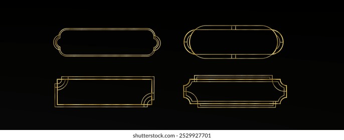 Game ui long button with thin gold frame. Rectangular medieval border with golden metal ornament for title and menu design. 3d vector set of luxury vintage text sign board with art deco elements.