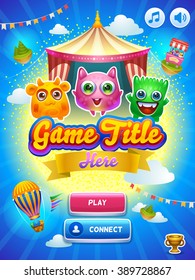 Game UI. Main screen. Creative concept vector interface game design. Cute tiny monsters. 