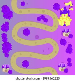 Game UI Map Mobile Web Trees Nature Cute Colorful Cartoon Castle Tiny Houses Village Kingdom Purple Pink Brown Vector Design