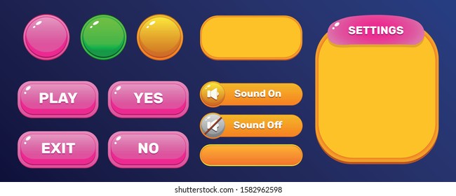 Game ui with matching icon set with blue background. Complete menu of graphical user interface GUI to build 2D games and applications.
