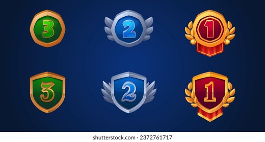 Game ui medals for third, second and first place award. Cartoon vector illustration set of trophy badge with bronze, silver and golden frame and shape of shield and hexagon. Gui achievement trophy.