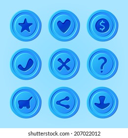 Game UI menu blue elements - vector set for mobile game - star, heart, money, accept, decline, share, buy, download buttons for app development