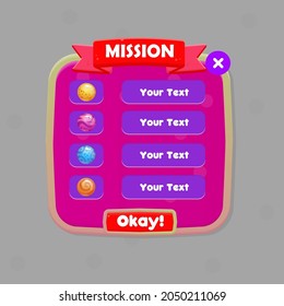 Game UI  Mission Pop Up Window Gold Frames Burgundy Circles With Header And Buttons Vintage Cartoon For Games Cute Cartoon Style Vector Design
