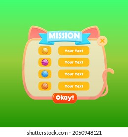 Game UI Mission Pop Up Window Buttons In Cartoon Cat Colorful Cute Style For Casual Games Vector Design