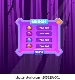 Game UI Mission Pop Up Window Background Wallpaper Cartoon Magic Mystical Fantasy Forest  Trees With Branches  Dots In Fog  Dark Purple Vector Design