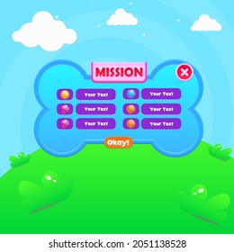Game UI  Mission Window Pop Up Blue Dog Bone With Header And Buttons  Cute Cartoon  Pet Farm For Gasual Games  Blue Sky Grass Heaven Clouds  Nature Style Cute Colorful Cartoon Vector Design