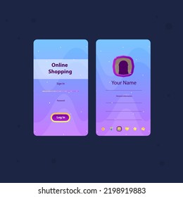 Game UI Mobile App Online Shopping Cuto Cartoon Colorful Cosmos Style Iniciar sesión y Diseño de vectores de cuenta personal