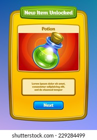Game UI. New item screen. Interface design. Vector eps 10.