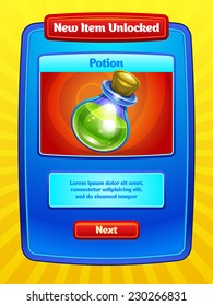 Game UI. New item screen. Interface design. Vector eps 10.