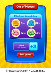 Game UI. Out of moves screen. Interface design. Vector eps 10.