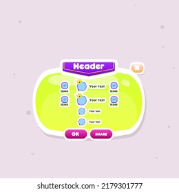Game UI Oval Cute Window Rating Chart With Blue Windows And Four Items Vertical Items Flag Header  Yellow Blue Pink Cartoon Colorful Vector Design