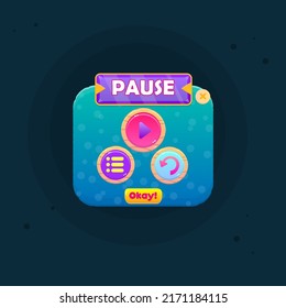 Juego UI Pausa Azul Turquesa Burbujas Mar Marino Resumen Dibujo Caricatura Colorido Brillante Ventana Arriba Morado Gema Cabecera Vector Diseño