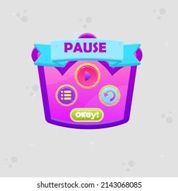 Juego UI Pausar Icono Crown Silhouette Ventana Emergente Con Botón Y Cabecera Diseño De Vector De Dibujo Púrpura Rosa