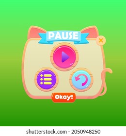 Game UI Pause Pop Up Window Buttons In Cartoon Cat Colorful Cute Style For Casual Games Vector Design