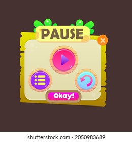 Game UI Pause Pop Up Window Stone Age  With Buttons Wood Grass Nature Beige Orange  Cute Cartoon Style Vector Design