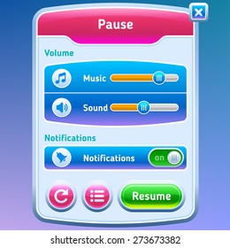 Game UI. Pause screen. Vector eps 10.