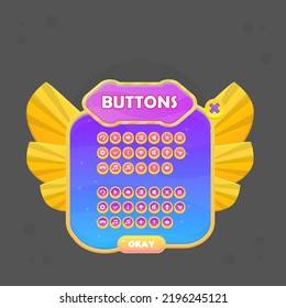 Game UI Pop Up Buttons Set Badge Window Reward  Page Winner With Stars  Purple Blue Yellow Orange Fairy Fantasy Wings With Stripes Cute Colorful Cartoon Vector Design