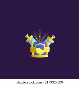 Game UI Pop Up Chest With Blue Winner Icon Shield Blue Yellow Swords Brave Warrior Cute Cartoon  Vector Design