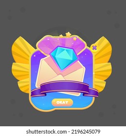 Game UI Pop Up Envelope Purple Ribbon Stars Diamond Magic Badge Window Reward  Page Winner With Stars  Purple Blue Yellow Orange Fairy Fantasy Wings With Stripes Cute Colorful Cartoon Vector Design