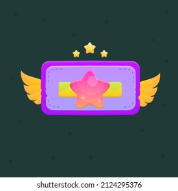 Game UI  Pop Up Icon Badge With Stitching And Torn Edges Wings  Stars Pink Purple Vector Design