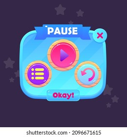 Game UI Pop Up Pause Mission Oval Blue Sky  Border Red Ribbon Header Cartoon Colorful Vector Design