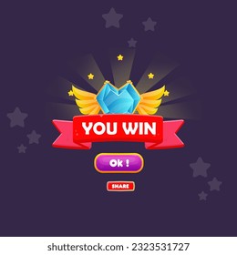 Game UI Pop Up Reward Page You Win Blue Heart Golden Wings Red Ribbon Vector Design