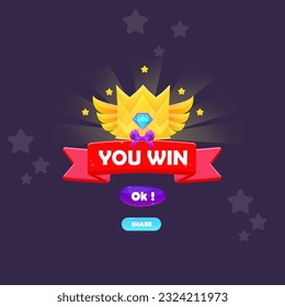 Game UI Pop Up Reward Page You Win Crown Blue Diamond Bow Golden Wings Red Ribbon Vector Design