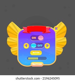 Game UI Pop Up Set Pop Up And Buttons Badge Window Reward  Page Winner With Stars  Purple Blue Yellow Orange Fairy Fantasy Wings With Stripes Cute Colorful Cartoon Vector Design