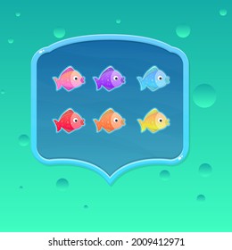 Game UI Pop Up  Set  For Casual Games In Blue Sea Fishes Set In Varios Colors Vintage Style  Cute Cartoon Colorful Vector Design
