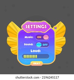 Game UI Pop Up Settings Badge Window Reward  Page Winner With Stars  Purple Blue Yellow Orange Fairy Fantasy Wings With Stripes Cute Colorful Cartoon Vector Design