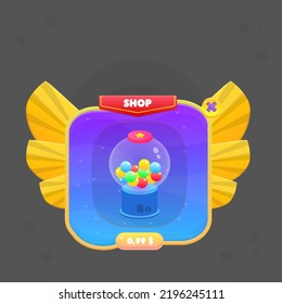 Game UI Pop Up Shop Candy Jar Badge Window Reward  Page Winner With Stars  Purple Blue Yellow Orange Fairy Fantasy Wings With Stripes Cute Colorful Cartoon Vector Design