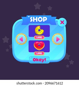 Game UI Pop Up Shop Double Donuts Price Oval Blue Sky  Border Red Ribbon Header Cartoon Colorful Vector Design