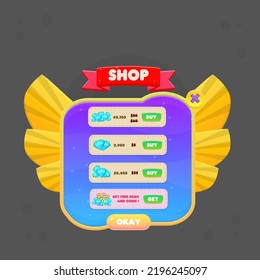 Game UI Pop Up Shop Gems Yellow Diamonds Badge Window Reward  Page Winner With Stars  Purple Blue Yellow Orange Fairy Fantasy Wings With Stripes Cute Colorful Cartoon Vector Design