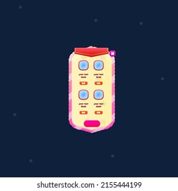 Game UI Pop Up Window With Blue Windows And Four Items Red Flag Header Wooden  Purple Pink Cartoon Button Cute Colorful Vector Design