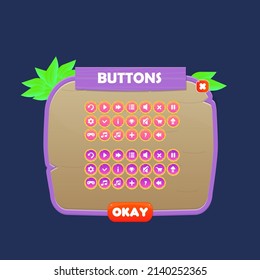 Game UI Pop Up Window Buttons Set Purple Wooden Collections Icons Items Button Cute Cartoon Style Vector Design