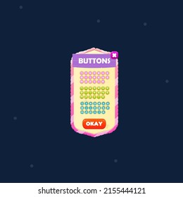 Game UI Pop Up Window Buttons Set Wooden  Purple Pink Cartoon Button Cute Colorful Vector Design