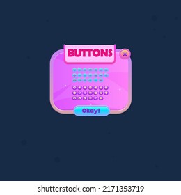 Ventana emergente de la interfaz de usuario de juego Botones Set Purple Resumen Cuto Caricatura Colorido Botones Brillantes Banderas Diseño Vector