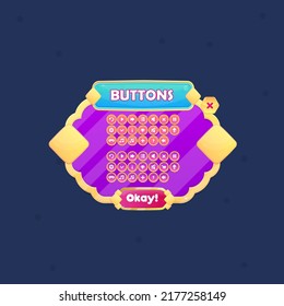 Game UI Pop Up Window Buttons Set Many Rounded Circles Purple Golden Border Diamond Pattern Lines With Blue Header And Red Button  Vector Design