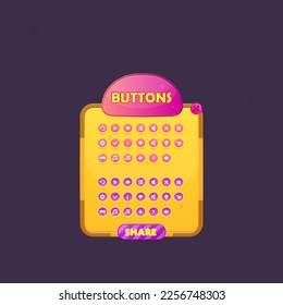 Game UI Pop Up Window Buttons Set Orange Yellow Pink Purple Brown Bright Stars Pattern Cartoon Cute Colorful Vector Design