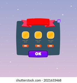 Game UI Pop Up Window Cartoon Purple Blue Red Ribbon Space Background Nature Cosmic Magic Night Sunset Sky With Stars Galaxy Blue  Pink Gray  Pale Colors Smooth Vector Design