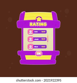 Game UI Pop Up Window Cartoon Purple Yellow Chest Bewertung Treasure Cute Colorful Star Rating Vectordesign